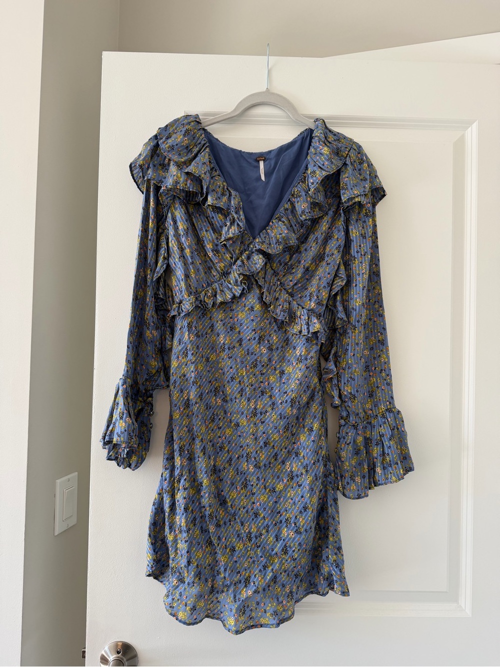 Free People Blue Floral Ruffle Long Sleeve Dress